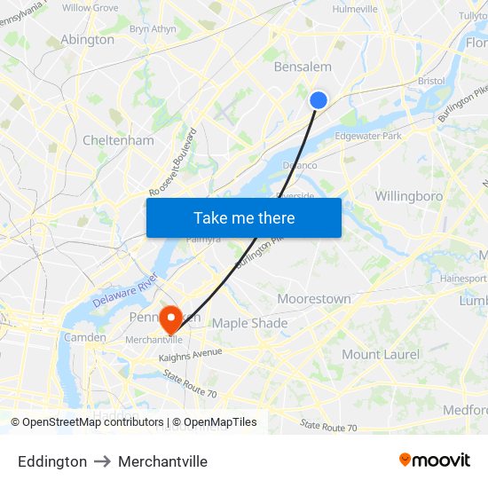 Eddington to Merchantville map