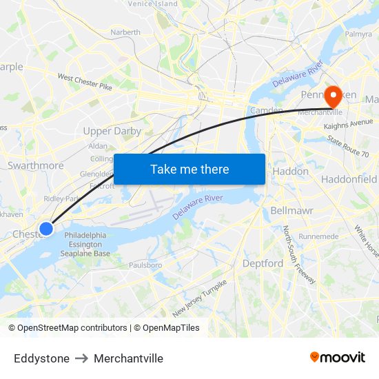 Eddystone to Merchantville map