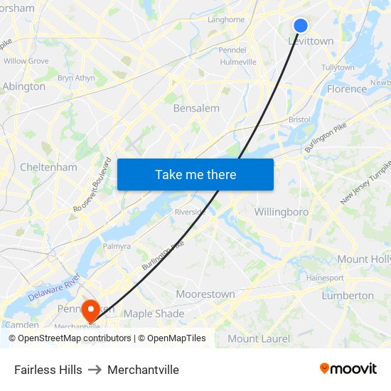 Fairless Hills to Merchantville map