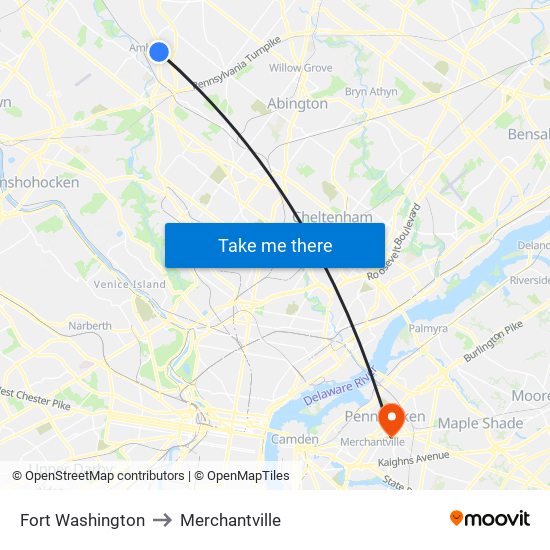 Fort Washington to Merchantville map