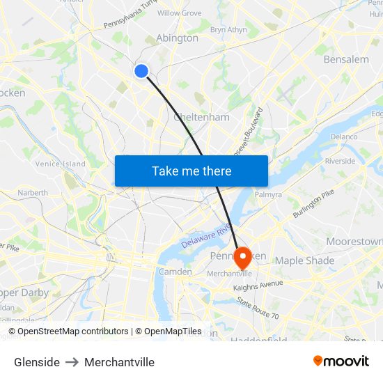 Glenside to Merchantville map