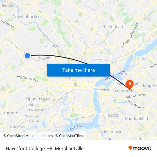 Haverford College to Merchantville map