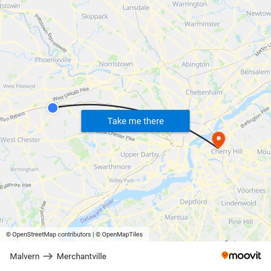 Malvern to Merchantville map