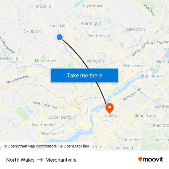 North Wales to Merchantville map