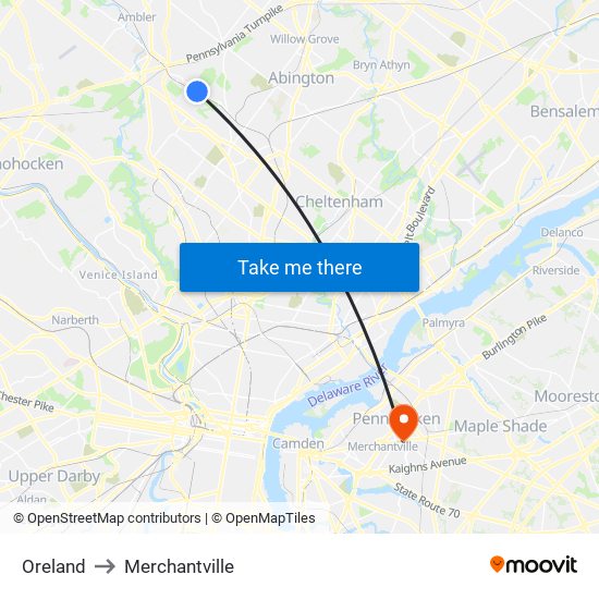 Oreland to Merchantville map