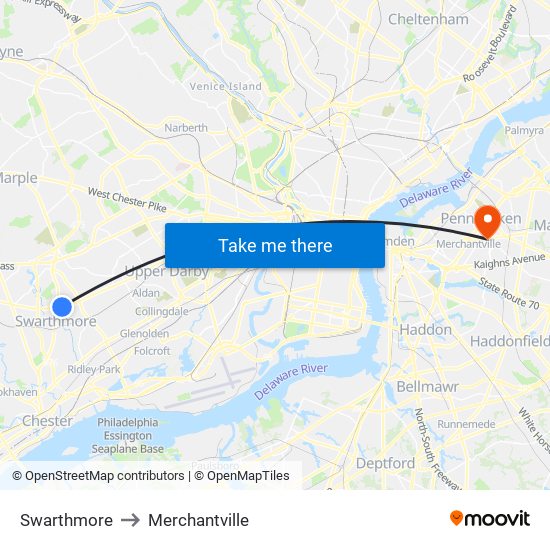 Swarthmore to Merchantville map