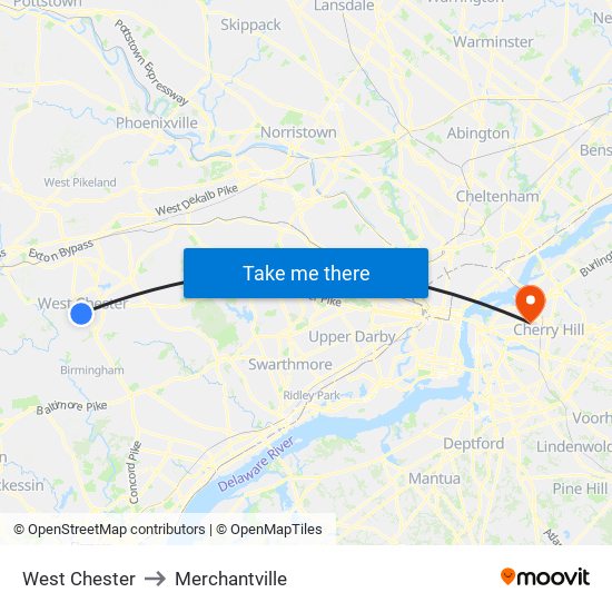 West Chester to Merchantville map