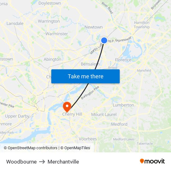 Woodbourne to Merchantville map