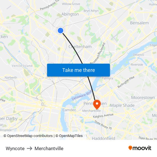 Wyncote to Merchantville map