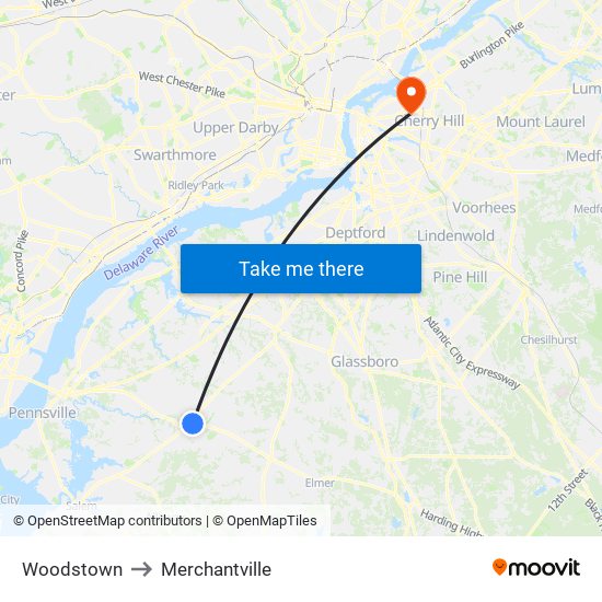 Woodstown to Merchantville map