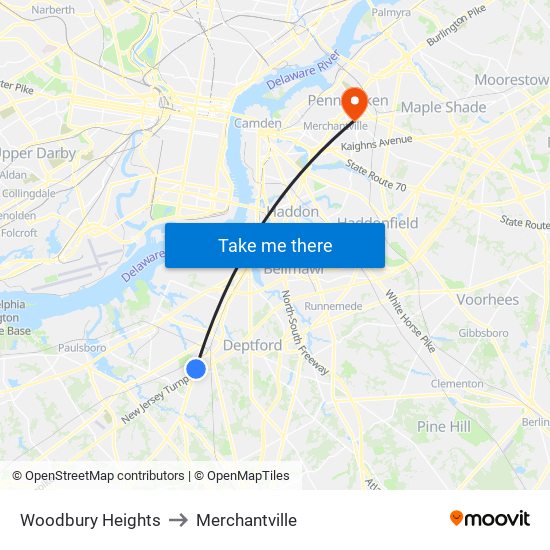Woodbury Heights to Merchantville map
