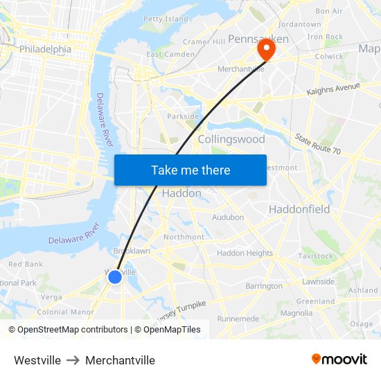 Westville to Merchantville map