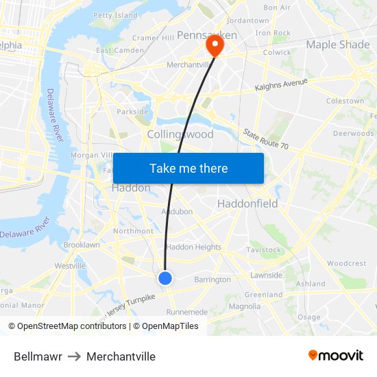 Bellmawr to Merchantville map