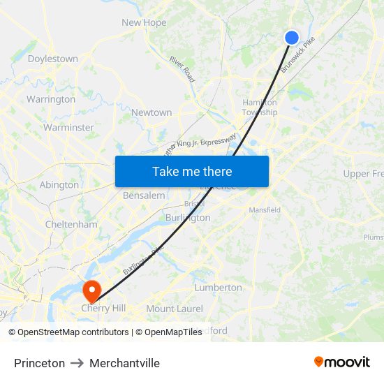 Princeton to Merchantville map