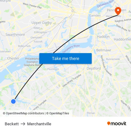 Beckett to Merchantville map