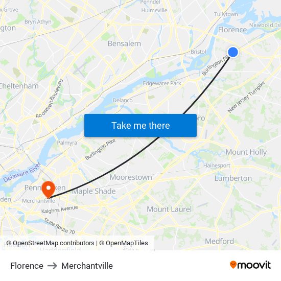 Florence to Merchantville map
