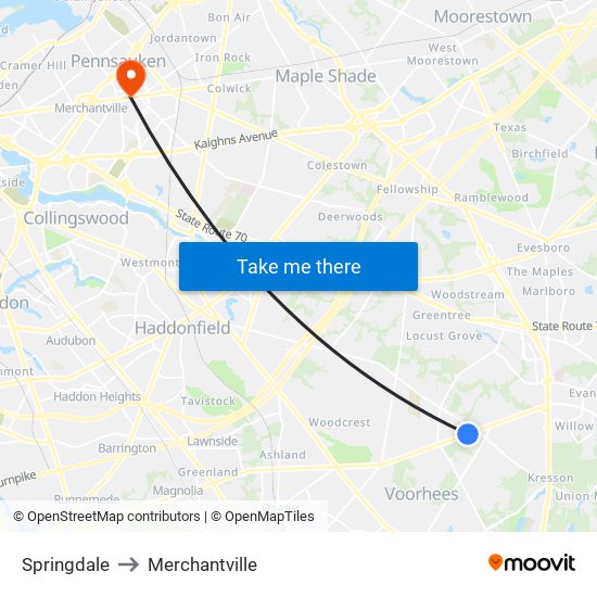 Springdale to Merchantville map