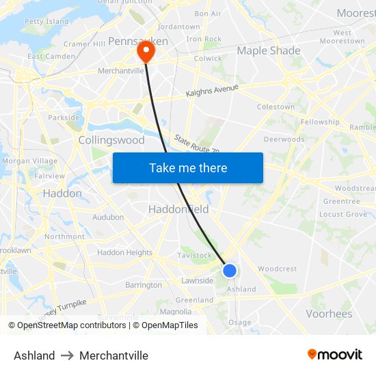 Ashland to Merchantville map