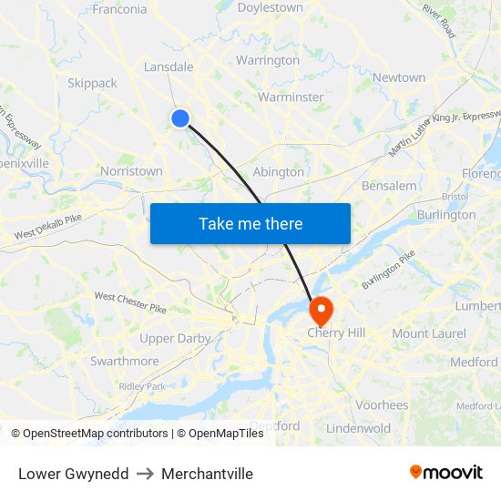 Lower Gwynedd to Merchantville map