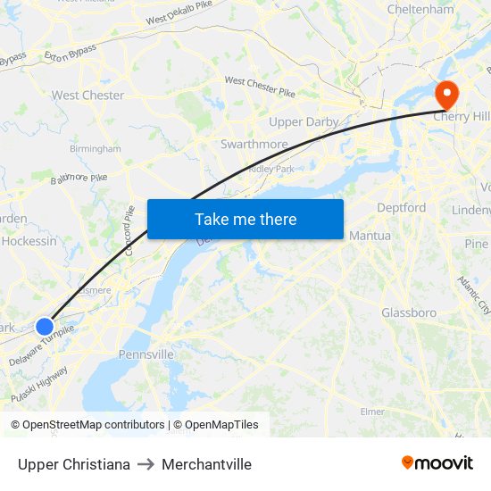 Upper Christiana to Merchantville map