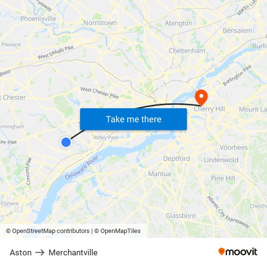 Aston to Merchantville map