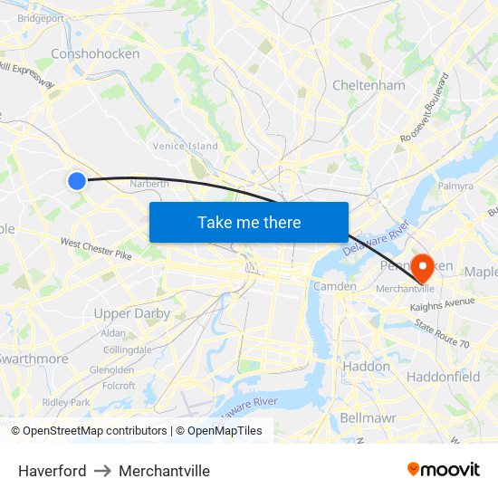 Haverford to Merchantville map