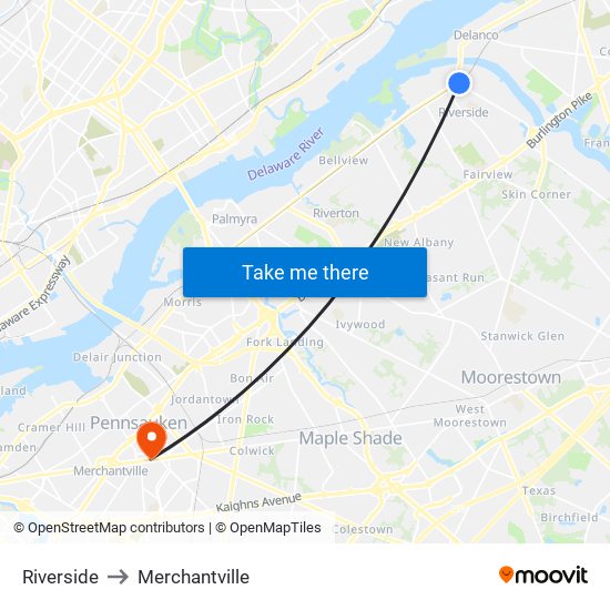 Riverside to Merchantville map