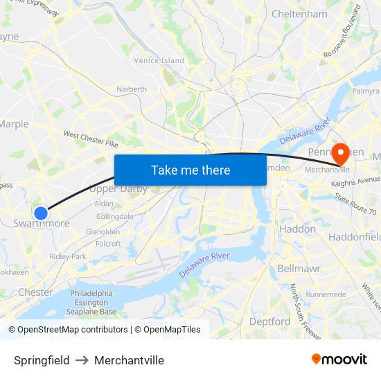 Springfield to Merchantville map