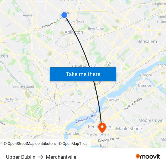 Upper Dublin to Merchantville map