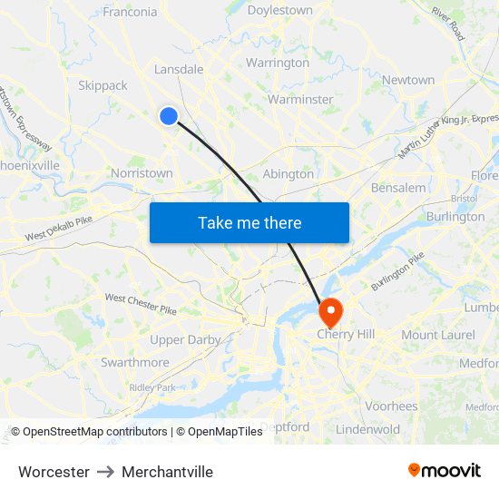 Worcester to Merchantville map