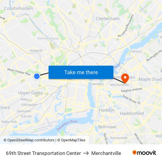 69th Street Transportation Center to Merchantville map