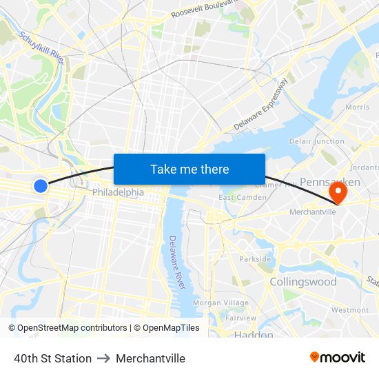 40th St Station to Merchantville map