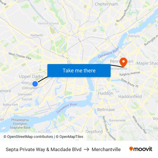 Septa Private Way & Macdade Blvd to Merchantville map