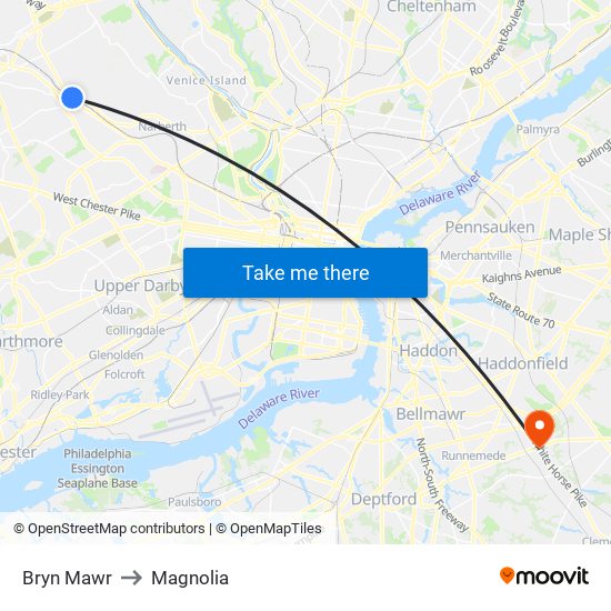Bryn Mawr to Magnolia map