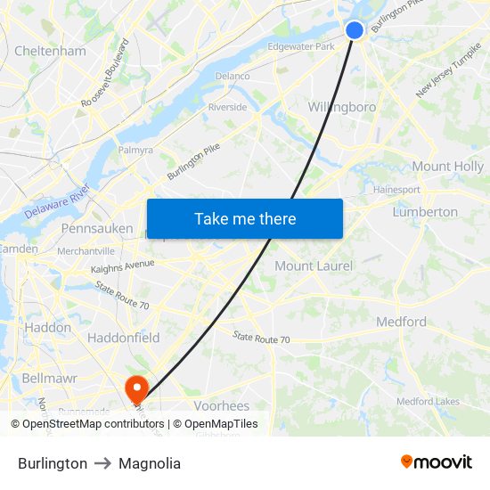 Burlington to Magnolia map