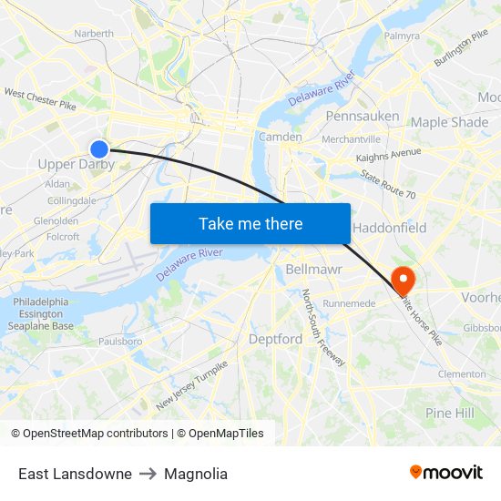 East Lansdowne to Magnolia map