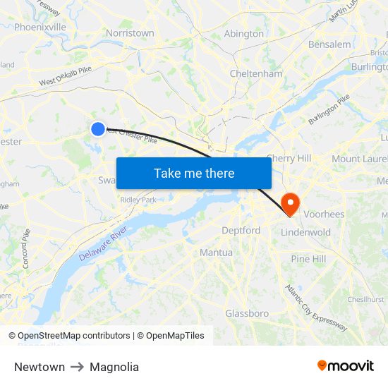 Newtown to Magnolia map