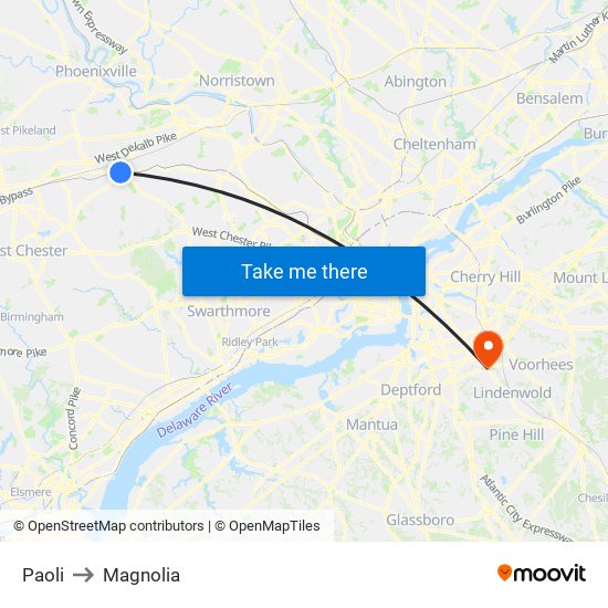 Paoli to Magnolia map