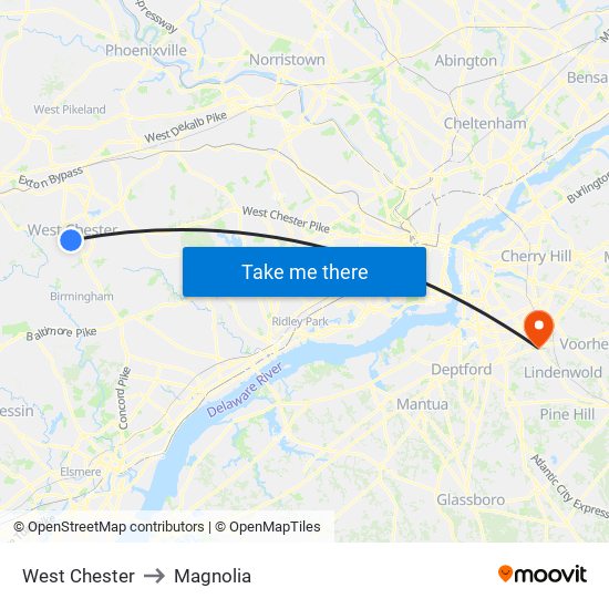 West Chester to Magnolia map