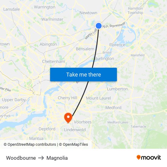 Woodbourne to Magnolia map