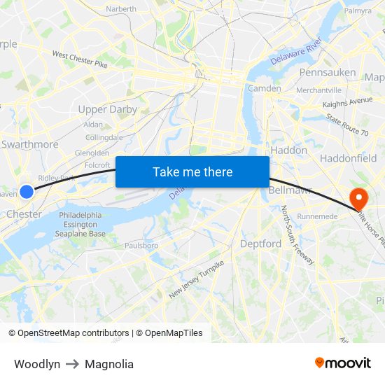 Woodlyn to Magnolia map