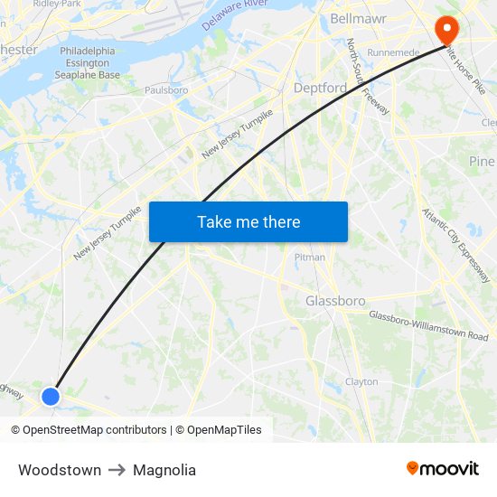 Woodstown to Magnolia map