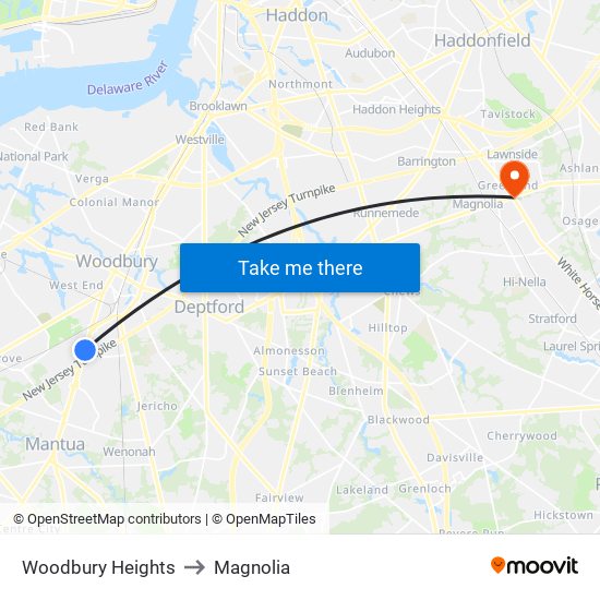 Woodbury Heights to Magnolia map