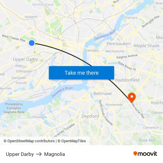 Upper Darby to Magnolia map
