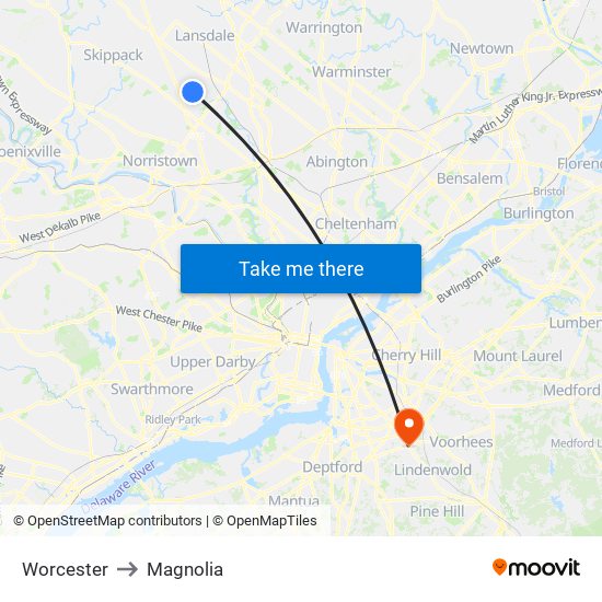 Worcester to Magnolia map