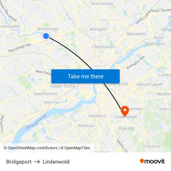 Bridgeport to Lindenwold map