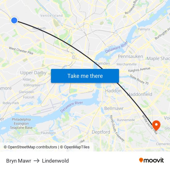 Bryn Mawr to Lindenwold map