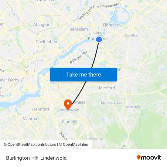 Burlington to Lindenwold map