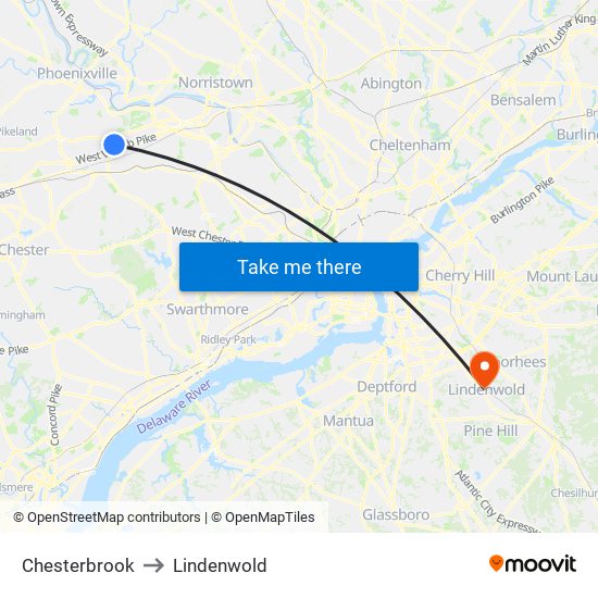Chesterbrook to Lindenwold map