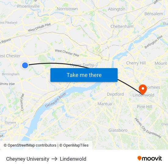 Cheyney University to Lindenwold map